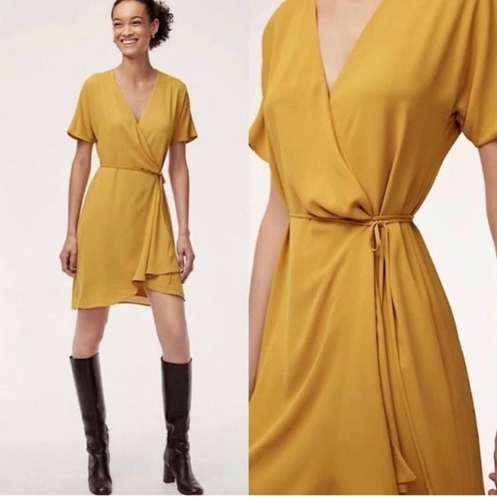 Aritzia Babaton Wallace Short Sleeve Wrap Dress Mustard Yellow S NWOT
